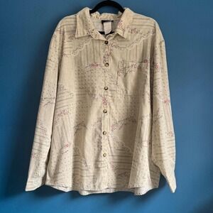 Vintage Floral Blouse Women's Plus Size 24 Tan Tapestry Long Sleeve Collared